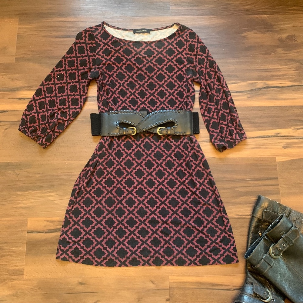 Patterned Long Sleeve Mini Dress with Belt